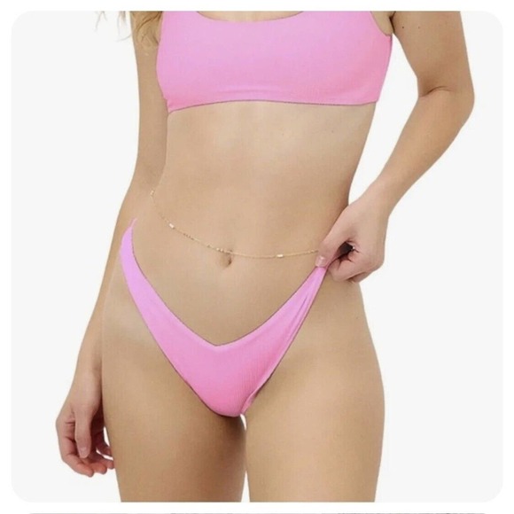 Frankies Bikinis Enzo Ribbed Cheeky Bikini Bottom Cherub Barbie Pink Medium New - Picture 1 of 13